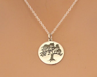 Sterling Silver Etched Oak Tree Charm Necklace, Silver Etched Oak Tree Pendant Necklace, Oak Tree Pendant Necklace, Silver Oak Tree Necklace