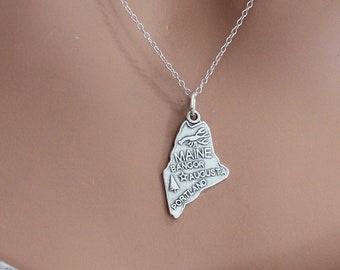 Details about / New Polished Rhodium Plated 925 Sterling Silver Maine State Map Charm Pendant