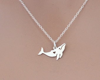 Sterling Silver Humpback Whale Charm with Heart Cutout Necklace, Silver Humpback Whale Pendant with Heart Cutout Necklace, Whale Necklace