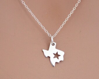 Sterling Silver Texas State Necklace with Star Cutout Charm
