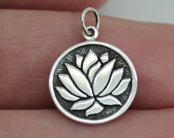 Sterling Silver Lotus Flower Pendant: Etched Round Charm