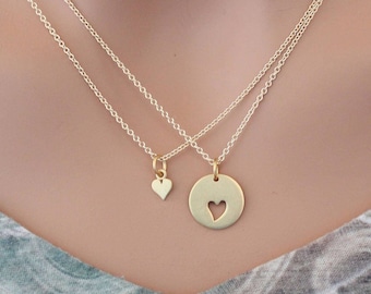 Gold Mother Daughter Heart Necklaces, Gold Mother Daughter Necklace Set, Gold Mom Daughter Heart Necklace Set, Cute Mom and Daughter Set