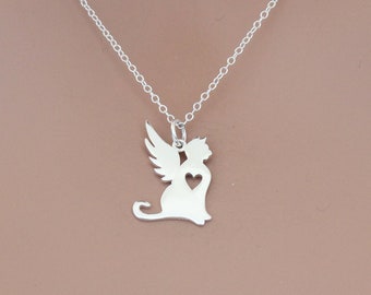 Sterling Silver Angel Cat Necklace: Winged Kitty Charm