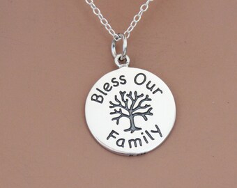 Sterling Silver Family Tree Necklace - "Bless Our Family" Pendant