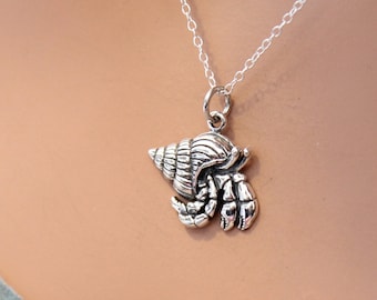 Sterling Silver Hermit Crab Charm Necklace, Silver Hermit Crab Charm Necklace, Realistic Silver Hermit Crab Charm Necklace, Crab Necklace