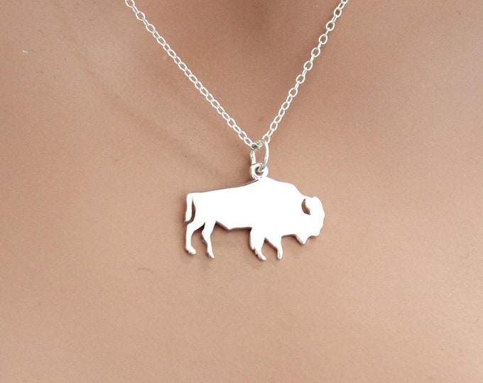 Sterling Silver Buffalo Pendant Necklace, Buffalo Charm Necklace
