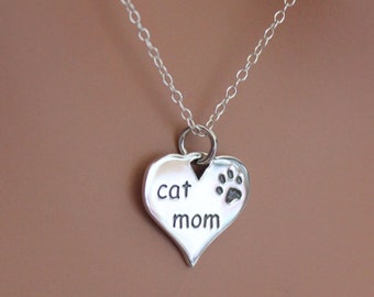 Sterling Silver Message Pendant Necklace- Cat Mom, Silver Cat Mom Heart Necklace, Heart Cat Mom Pendant Necklace, Heart Cat Mom Necklace