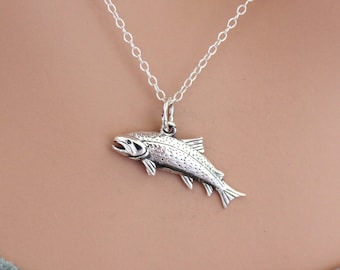 Sterling Silver Trout Charm Necklace, Silver Trout Charm Fish Necklace, Silver Trout Pendant Necklace, Silver Fish Necklace, Trout Necklace