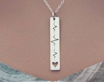 PERSONALIZED EKG NECKLACE - Sterling Silver Vertical Heartbeat Bar Necklace with Heart Cutout, Engraved Heartbeat Necklace