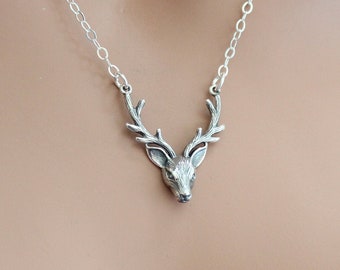 Sterling Silver Stag Head Pendant Necklace, Silver Stag Head Pendant Necklace, Stag Head Pendant Necklace, Stage Head Charm Necklace
