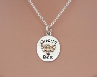 Sterling Silver Queen Bee Charm with Bronze Bee Necklace, Silver Queen Bee Pendant with Bronze Bee Necklace, Queen Bee Pendant Necklace