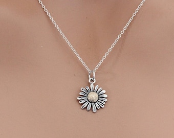 Sterling Silver Daisy Charm Necklace, Sterling Silver Daisy Pendant Necklace, Silver Flower Charm Necklace, Silver Flower Pendant Necklace