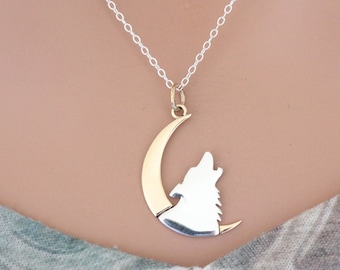Sterling Silver Howling Wolf Charm with Bronze Moon Necklace, Silver Howling Wolf Charm with Bronze Moon Necklace, Howling Wolf Necklace