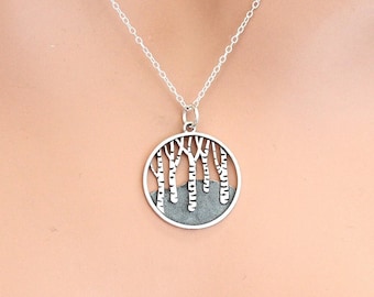 Sterling Silver Birch Tree Necklace: Circular Forest Pendant
