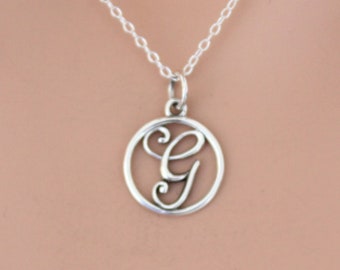 Sterling Silver Rustic Cursive Initial Charm Letter G Necklace, Silver Rustsic Cursive Letter G Necklace,  Silver Cursive Letter G Necklace