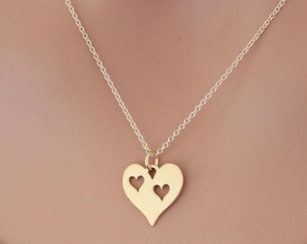 Gold Heart with Two Heart Cutouts Charm Necklace, Necklace for Mom with Two Kids, You Are My Heart Necklace, Gold Heart Necklace