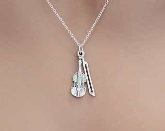 Sterling Silver Violin and Bow Charm Necklace, Silver Violin and Bow Charm Necklace, Violin and Bow Charm Necklace, Violin and Bow Necklace