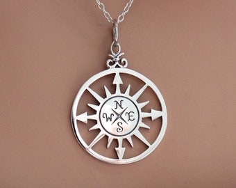 Sterling Silver Compass Rose Charm Necklace, Sterling Silver Compass Rose Pendant Necklace, Silver Compass Rose Necklace, Compass Necklace