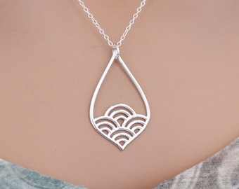 Sterling Silver Teardrop Charm with Wave Pattern Necklace, Silver Teardrop Charm with Wave Pattern Necklace, Wave Pattern Teardrop Necklace