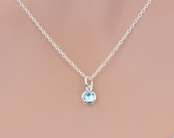 Sterling Silver March Birthstone Necklace: Tiny Blue Crystal Charm