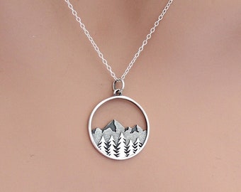 Sterling Silver Mountain Overlook Necklace with Pine Tree Forest Foreground, Silver Layered Mountain Peak Necklace, Mountain Necklace