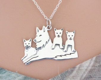 Sterling Silver Mama Wolf Pendant with Three Pups Necklace, Silver Mama Wolf Pendant with Pups Necklace, Mama Wolf with Pups Necklace