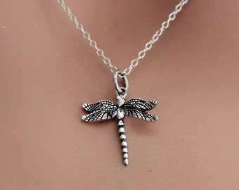 Sterling Silver Small Dragonfly Charm Necklace, Sterling Silver Small Dragonfly Pendant Necklace, Silver Small Dragonfly Charm Necklace