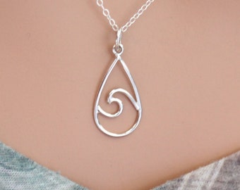 Sterling Silver Wire Wave Charm - Teardrop Shape Necklace, Silver Wire Wave Teardrop Shape Necklace, Wave Teardrop Shape Pendant Necklace