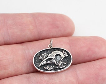 Sterling Silver Raven Skull and Flower Pendant Charm