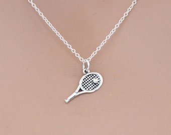 Ciondolo con racchetta da tennis in argento sterling con collana con pallina da tennis, ciondolo con racchetta da tennis in argento, collana con pallina da tennis, collana con racchetta da tennis