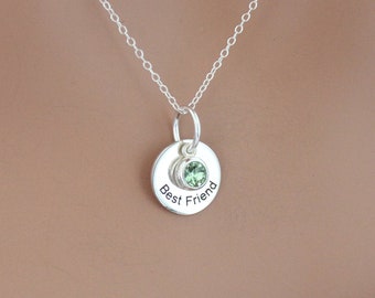 Sterling Silver Friend Necklace, Personalized Birthstone Charm