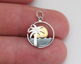 Sterling Silver Palm Tree Ocean Charm with Bronze Sunset, Beach Charm, Palm Tree Beach Charm, Ocean Pendant Necklace with Sun Pendant