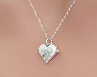 Hammered Sterling Silver Heart Locket Charm Necklace