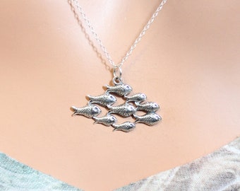 Sterling Silver School of Fish Pendant Necklace, Silver School of Fish Pendant Necklace, Silver Fish Necklace, School of Fish Charm Necklace