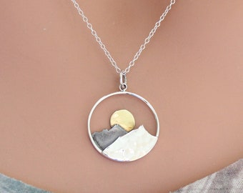 Sterling Silver Mountain Sunset Pendant Necklace with Bronze Sun