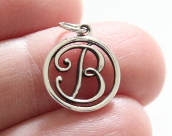 Ciondolo in argento sterling con lettera B corsiva: ciondolo con iniziale rustica