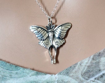 Sterling Silver Luna Moth Pendant Necklace, Moth Necklace, Silver Moth Charm Necklace, Moth Charm Necklace, Silver Moth Necklace, Moth Charm