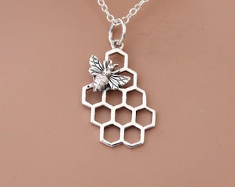 Sterling Silver Honey Bee Charm Necklace with Honeycomb Pendant