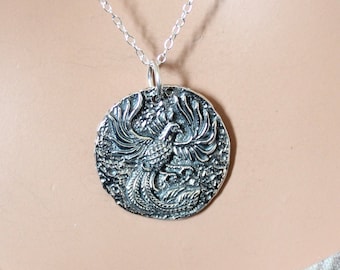 Sterling Silver Ancient Coin Charm -Phoenix Necklace, Silver Ancient Phoenix Necklace, Ancient Phoenix Coin Necklace, Phoenix Necklace