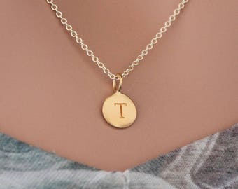 Gold Simple T Initial Necklace, Gold Stamped T Necklace, Stamped T Initial Necklace, Gold Small T Initial Necklace, Gold T Initial Charm