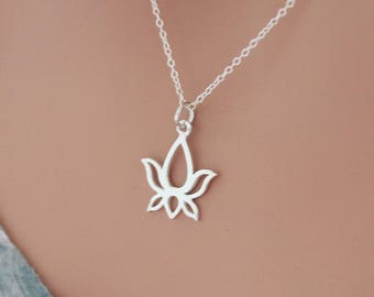 Large Lotus Flower Charm Necklace, Sterling Silver Large Lotus Charm Necklace, Lotus Charm Necklace, Large Lotus Flower Charm Necklace