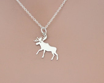 Sterling Silver Moose Charm Necklace, Silver Moose Pendant Necklace, Moose Charm Necklace, Silver Elk Charm Necklace, Fun Elk Charm Necklace