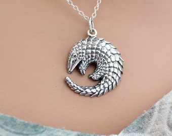 Sterling Silver Pangolin Charm Necklace, Sterling Silver Pangolin Pendant Necklace, Silver Pangolin Charm Necklace, Silver Pangolin Necklace