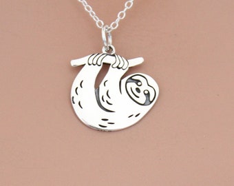Sterling Silver Sloth Charm Necklace: Etched Flat Pendant