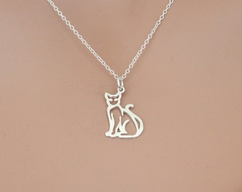 Sterling Silver Cat Necklace, Openwork Kitty Charm, Cat Lover Gift