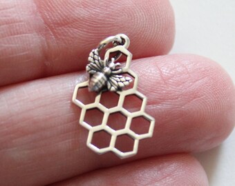 Sterling Silver Honey Bee Charm Necklace with Honeycomb Pendant