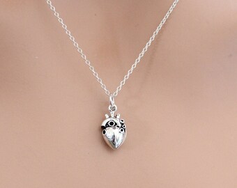 Sterling Silver Anatomical Heart Charm Necklace: 3D Medical Jewelry