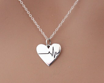 Sterling Silver Heartbeat Heart Charm Necklace