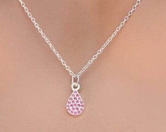 Sterling Silver Pink Nano Gem Tear Drop Charm Necklace, Sterling Silver Tear Drop Charm with Pink Nano Gems Necklace, Pink Nano Gem Nekclace