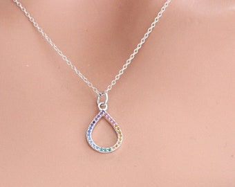 Sterling Silver Rainbow Teardrop Charm Necklace, Sterling Silver Rainbow Nano Gem Teardrop Necklace, Silver Rainbow Teardrop Necklace